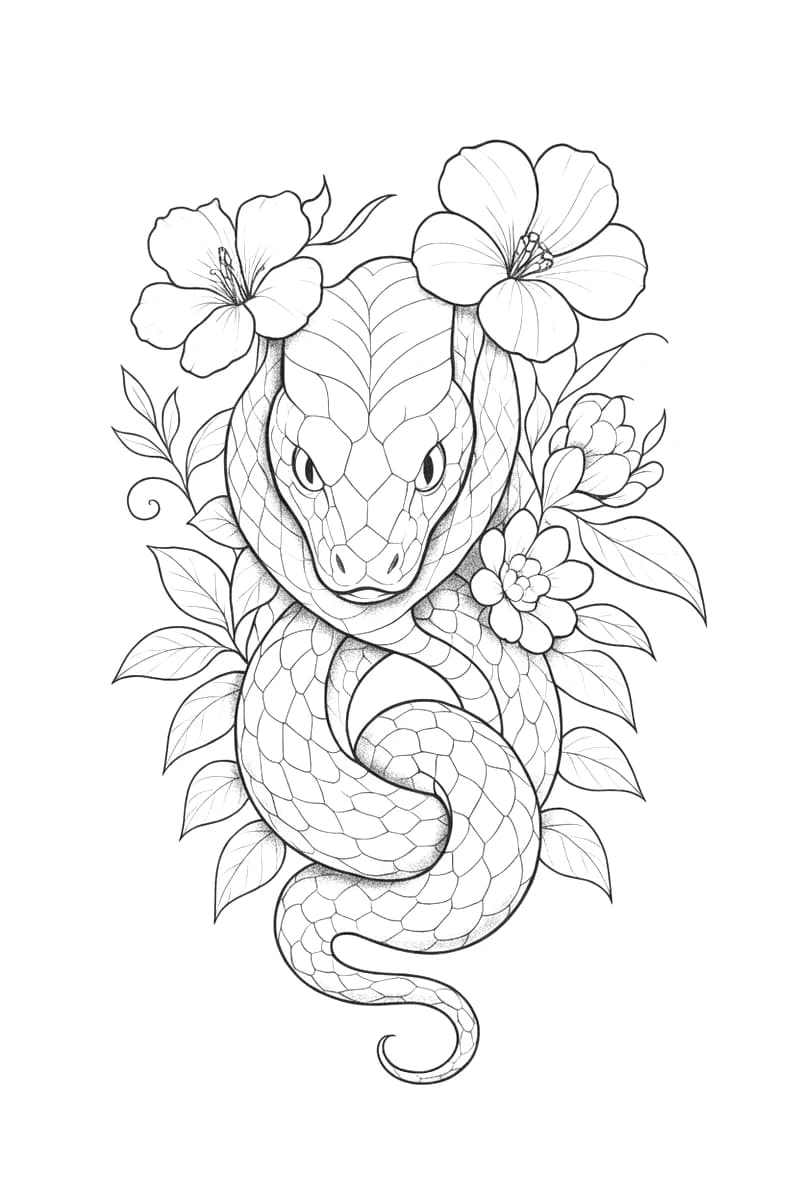 Black and grey illustrative tattoo design of a coiled snake surrounded by hibiscus flowers, peony buds, and leaves.