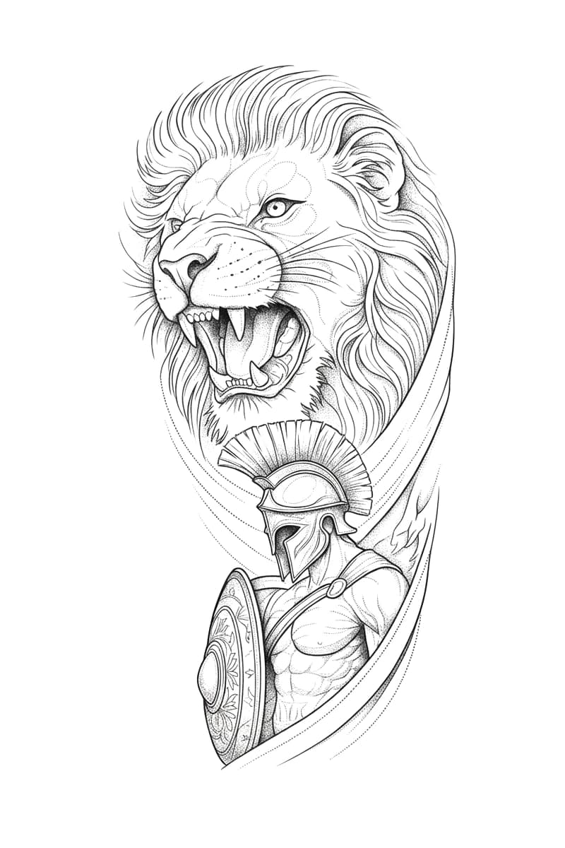 Black and grey illustrative tattoo design featuring a roaring lion head above a Spartan warrior with helmet and shield.