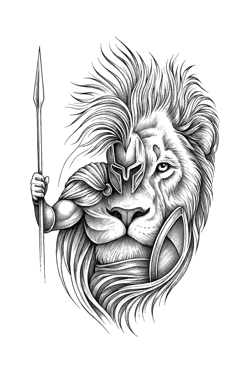 Detailed blackwork tattoo design featuring a fierce lion wearing a Spartan helmet, holding a spear and shield.