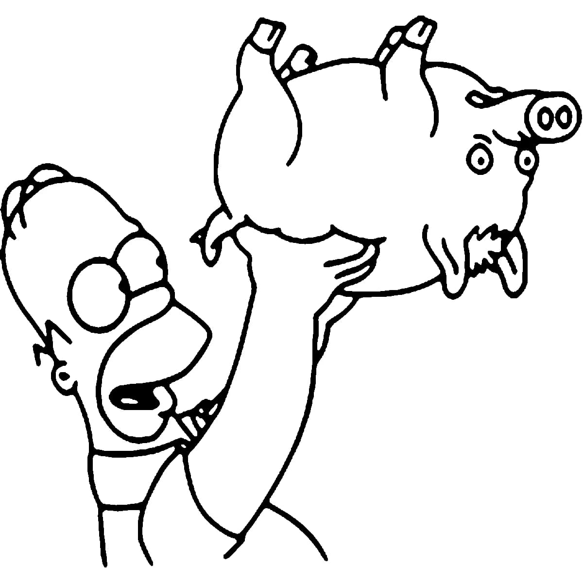 Homer Simpson holding Spider-Pig upside down in a bold black outline tattoo style.