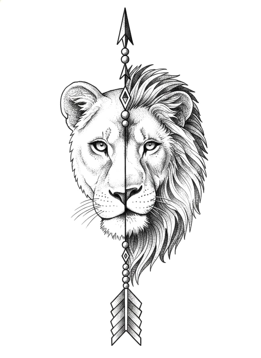 Split portrait of a lioness and lion bisected by a detailed geometric arrow rendered in stippled blackwork.