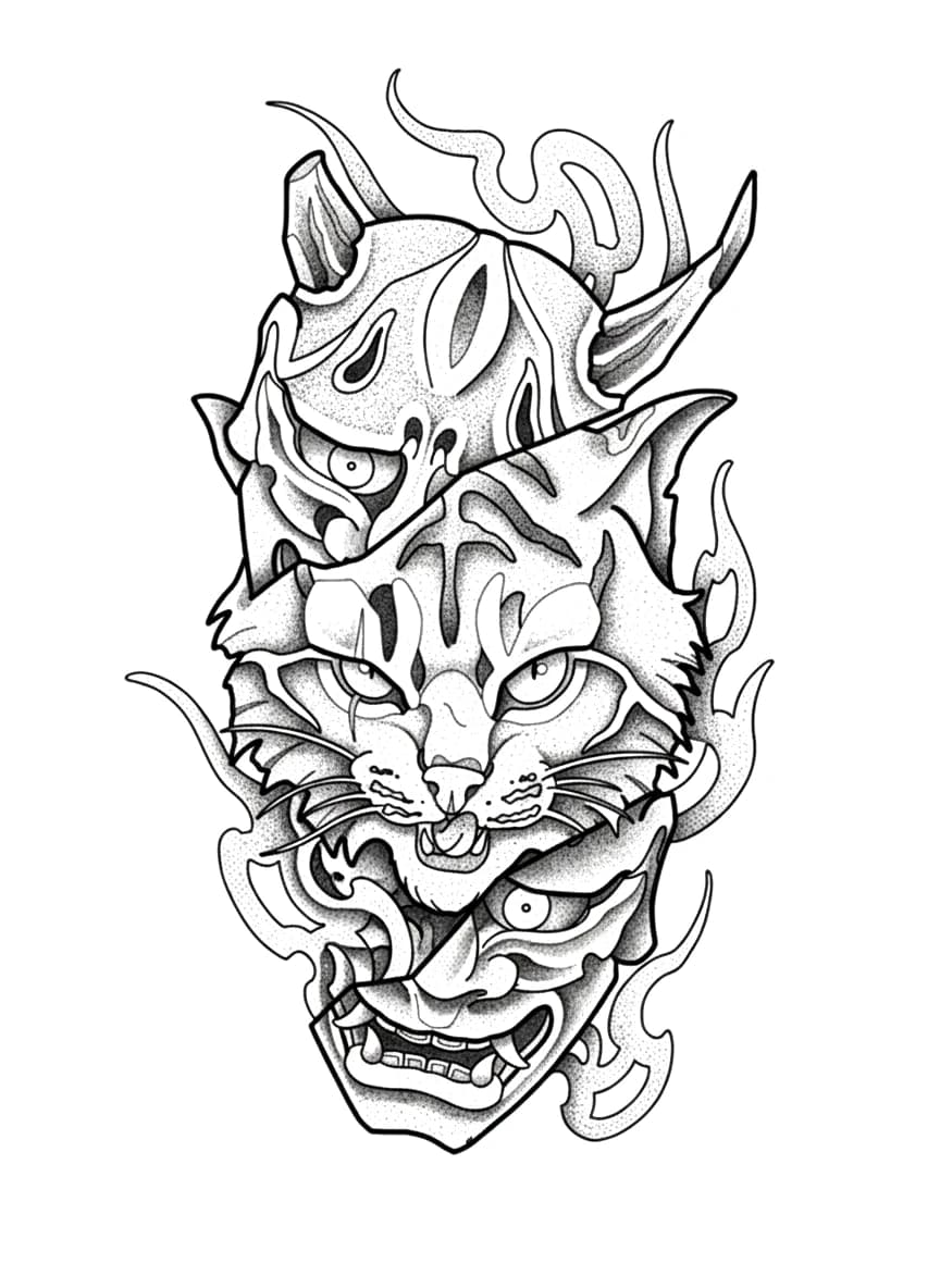 Split tiger face and Hannya mask tattoo design with intricate dotwork, fine line details, and stylized smoke.