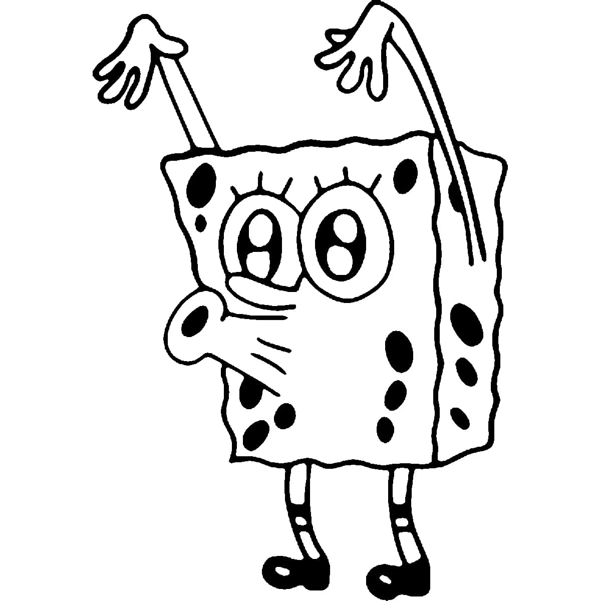 Black ink outline tattoo of SpongeBob SquarePants whistling with his arms raised in a playful pose.