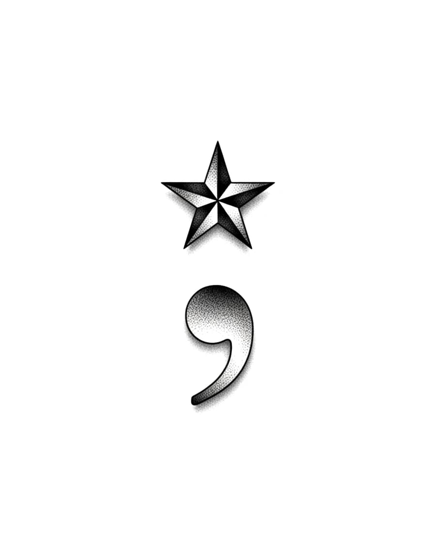 Blackwork semicolon tattoo featuring a stippled nautical star top and comma base on a plain white background.