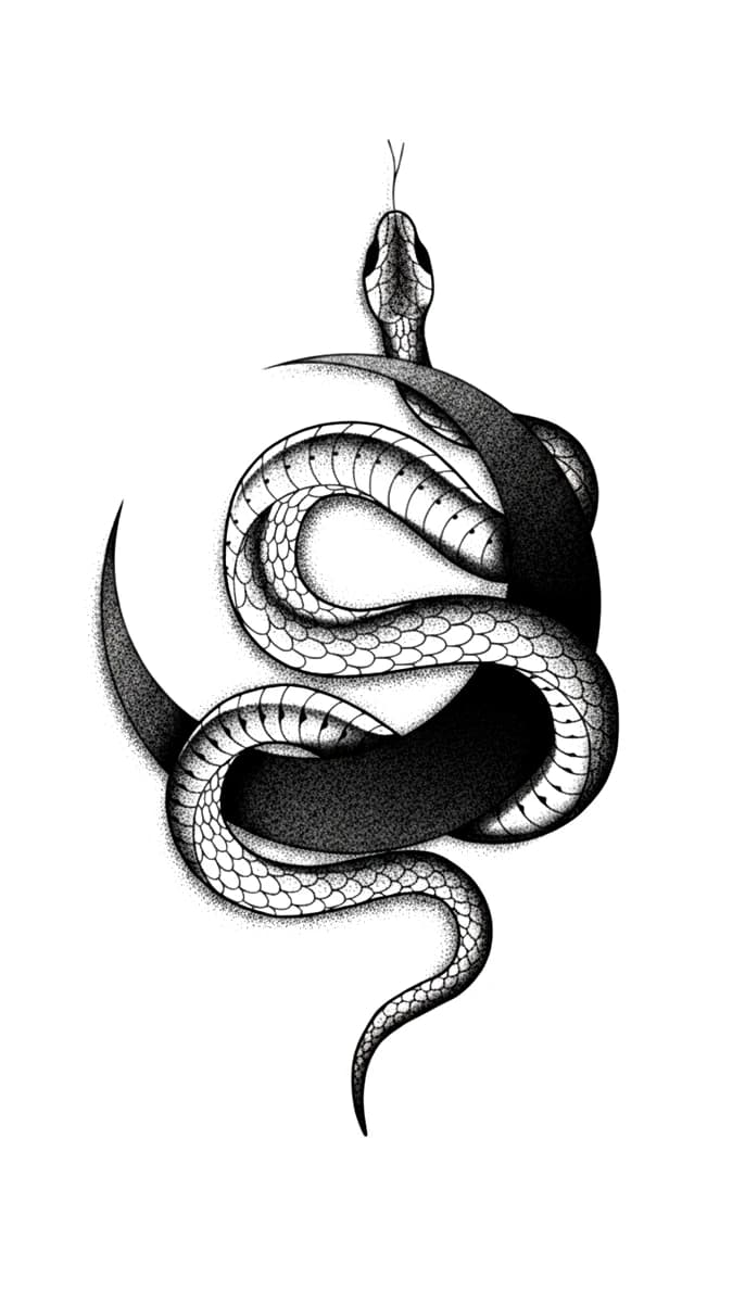 Stippled blackwork tattoo design of a coiled serpent ascending around a dark crescent moon with detailed scales.