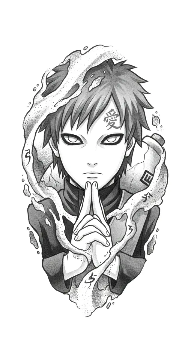 Illustrative blackwork anime tattoo design of Gaara from Naruto forming a hand seal surrounded by stippled sand.