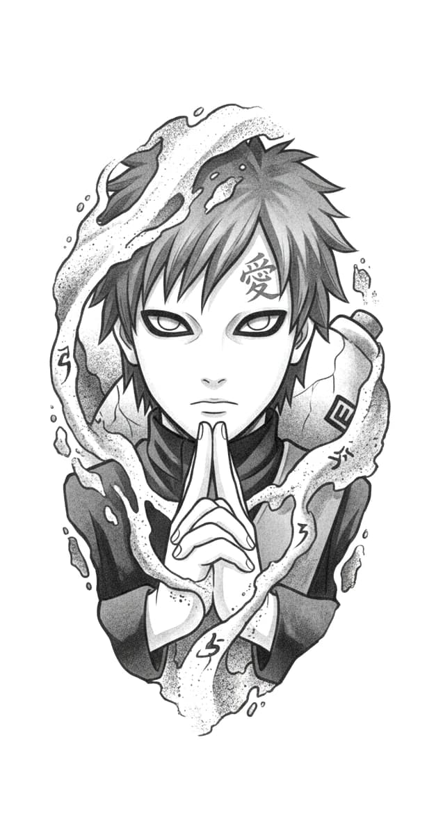 Illustrative blackwork anime tattoo design of Gaara from Naruto forming a hand seal surrounded by stippled sand.