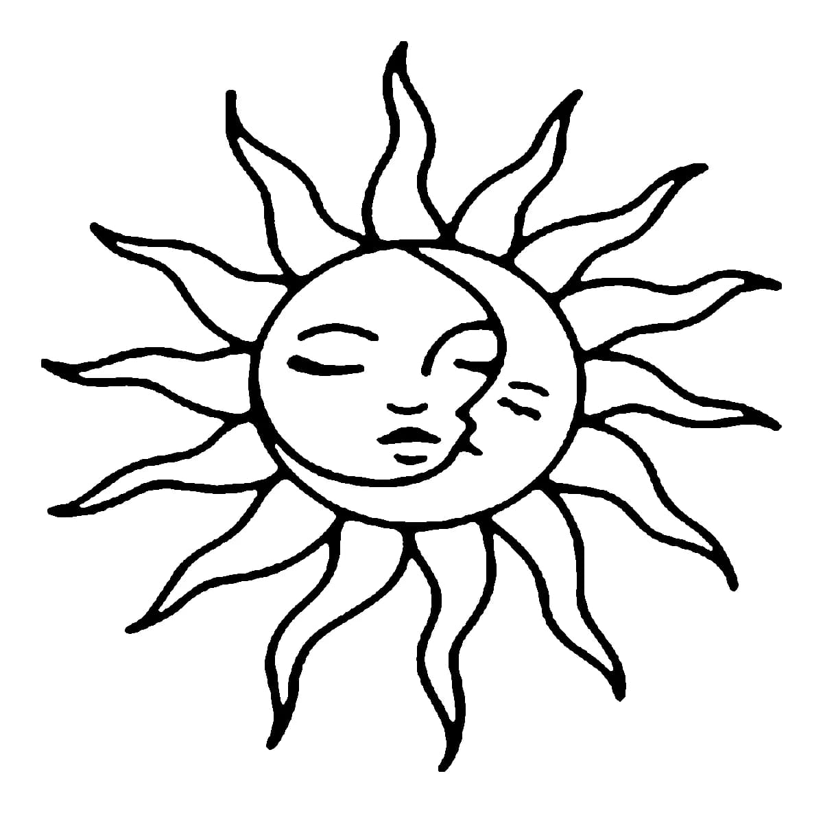Black line art tattoo design depicting a stylized sun and crescent moon kissing with detailed facial features.