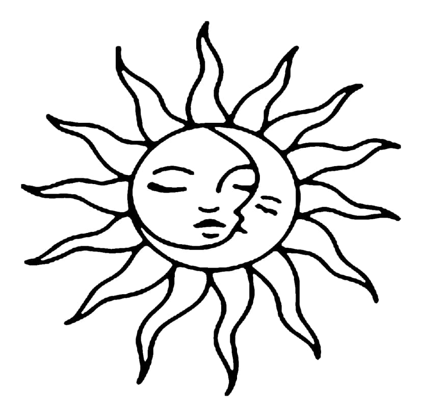 Black line art tattoo design depicting a stylized sun and crescent moon kissing with detailed facial features.