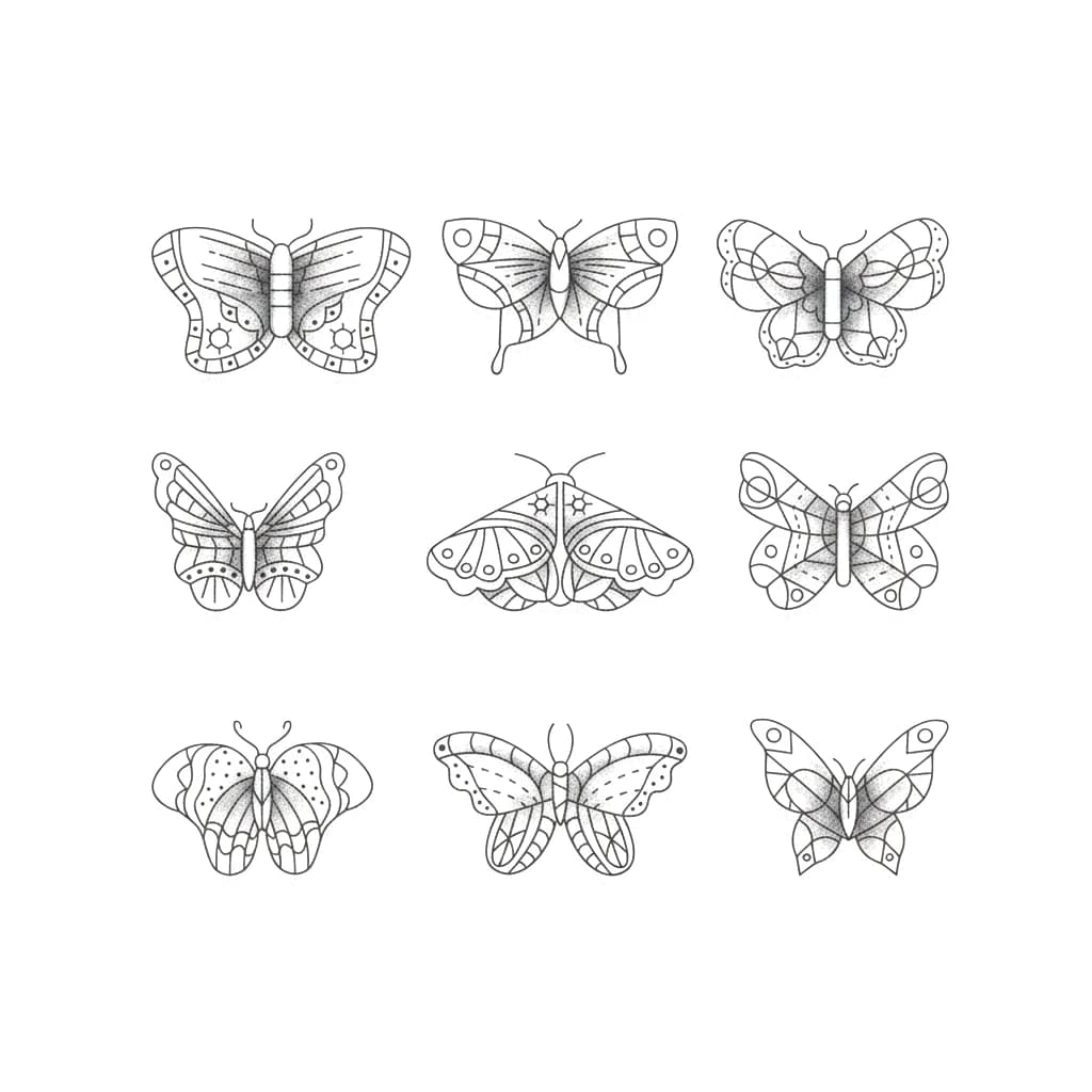 Nine minimalist fine-line butterfly and moth tattoo designs with stippled dotwork shading.