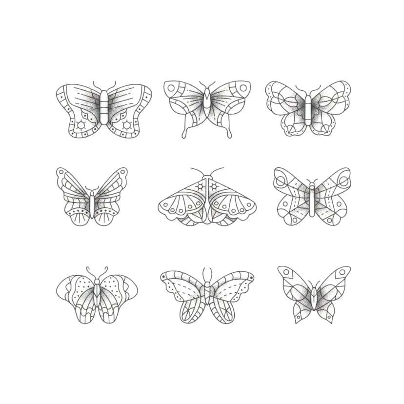 Nine minimalist fine-line butterfly and moth tattoo designs with stippled dotwork shading.