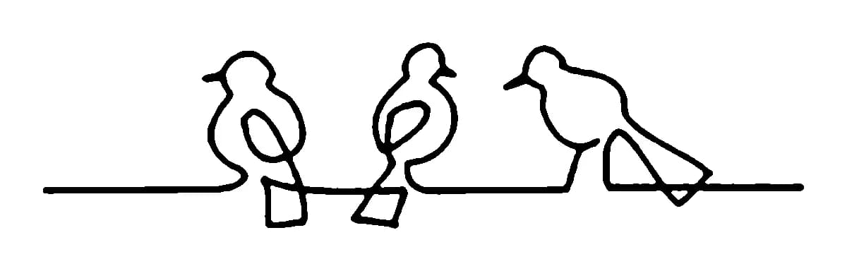 Three stylized birds perched on a single continuous horizontal line drawn in black ink.