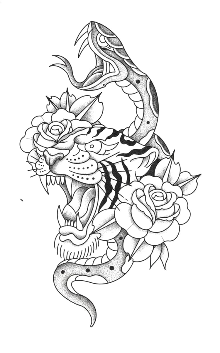 Blackwork tattoo art of a roaring tiger and snake battle framed by stylized peony flowers with stippled shading.