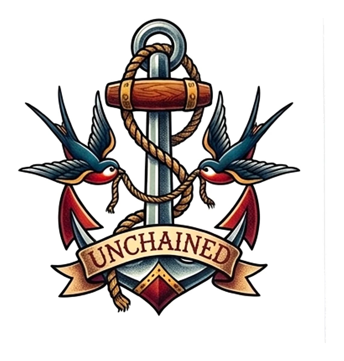 Traditional style anchor tattoo with two swallows holding rope and a banner reading UNCHAINED.