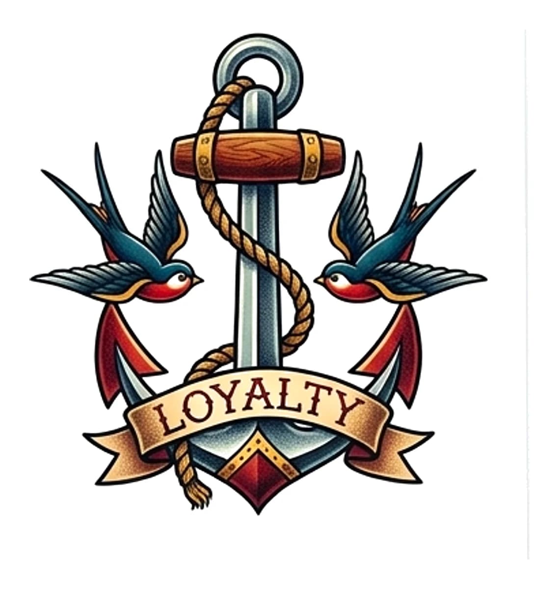 Traditional anchor wrapped in rope flanked by two swallows and a banner reading loyalty.
