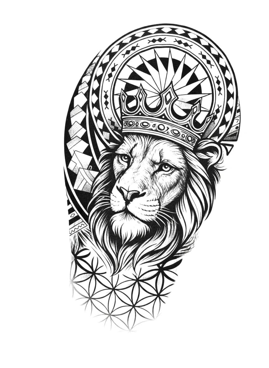 Blackwork tattoo design featuring a crowned lion framed by tribal patterns, a sun halo, and a flower of life motif.
