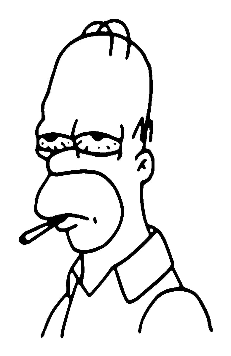 Black ink line art tattoo design of a trippy Homer Simpson with double eyes smoking a joint.