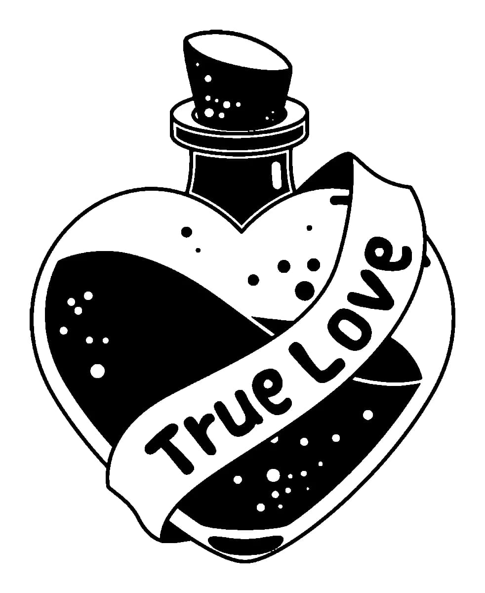 Black and white tattoo design of a heart-shaped love potion bottle wrapped in a banner reading True Love.