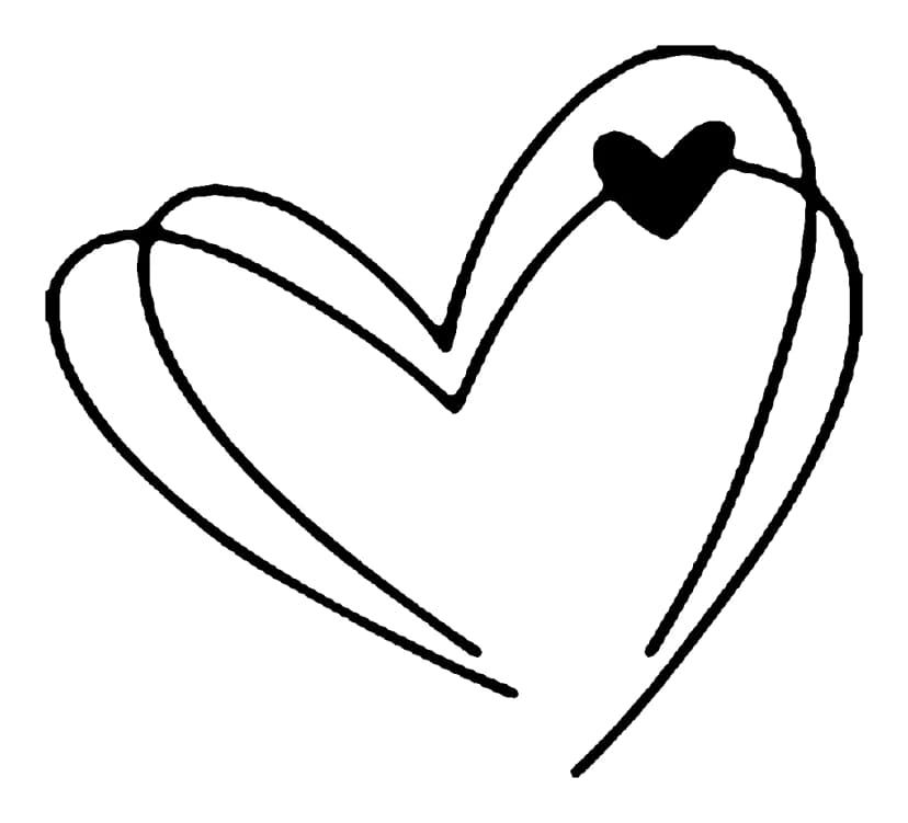 Minimalist tattoo artwork showing twin overlapping heart outlines with a small solid black heart inside.