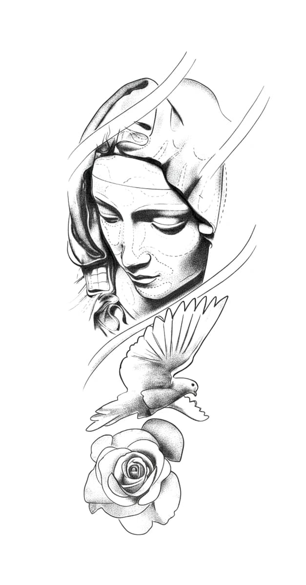 Black and grey tattoo design featuring the Virgin Mary, a descending dove, and a single rose flower.
