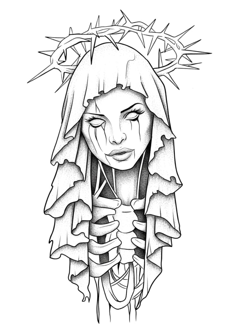 Blackwork tattoo of the weeping Virgin Mary with a crown of thorns and a skeletal ribcage.