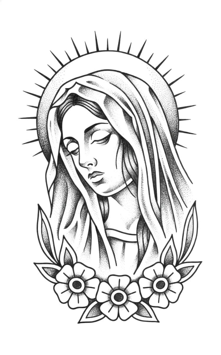 Stippled blackwork tattoo design of the Virgin Mary with a radiant halo, framed by cherry blossoms.