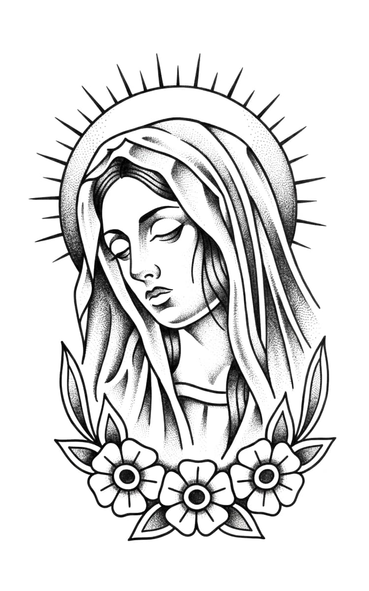 Stippled blackwork tattoo design of the Virgin Mary with a halo and plum blossoms.