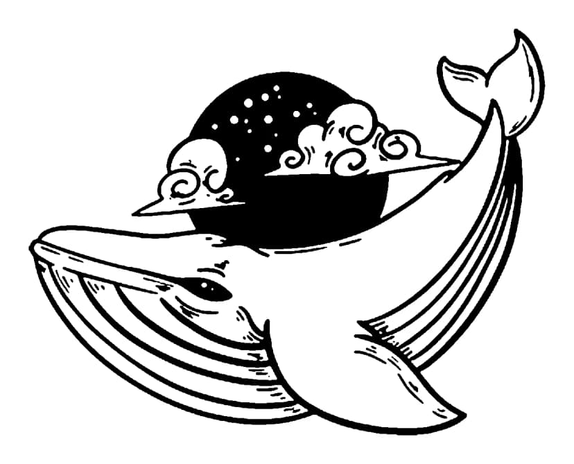 Blackwork humpback whale swimming under a starry moon and stylized clouds in a bold woodcut style.