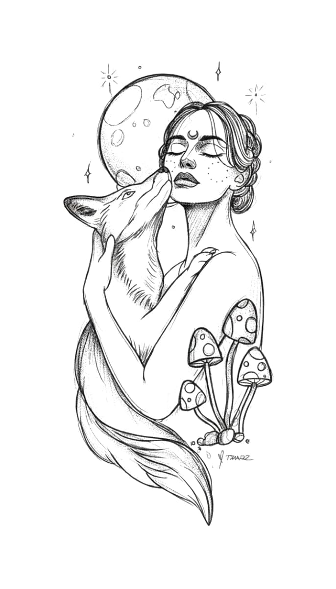 Illustrative blackwork tattoo design of a woman hugging a fox under a full moon with mushrooms.