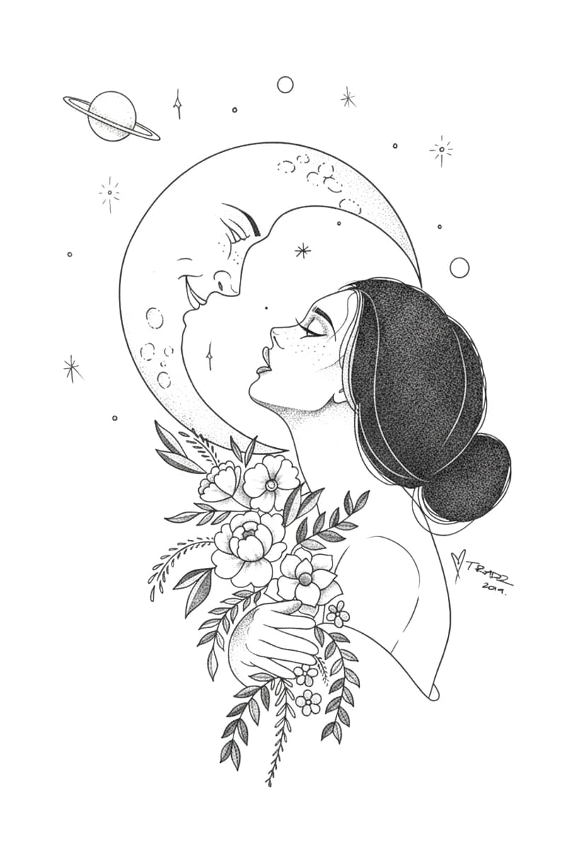 An illustrative tattoo design of a woman profile kissing a crescent moon, framed by flowers and planets.
