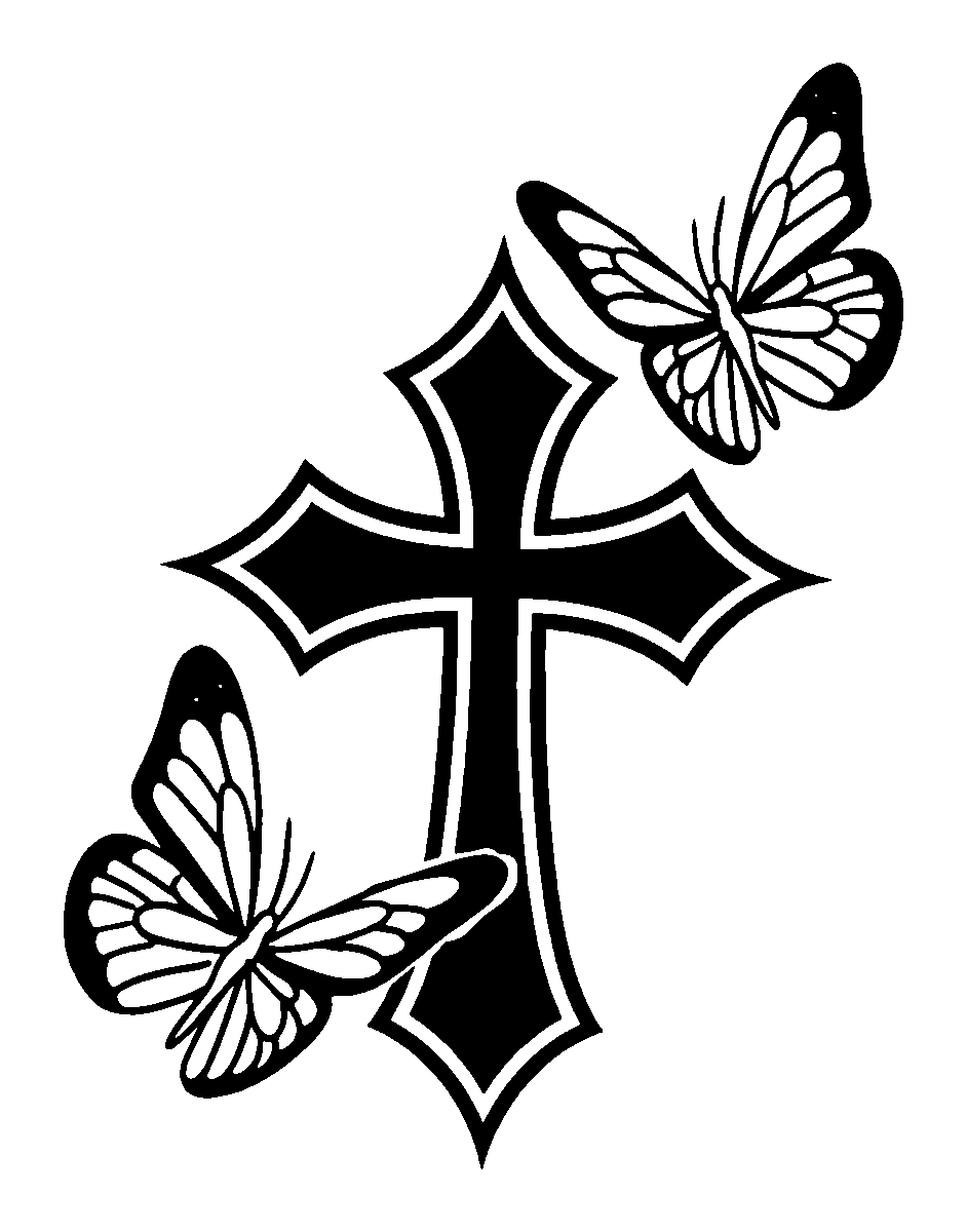 Tattoo design of a black gothic cross flanked diagonally by two flying butterflies in bold linework.