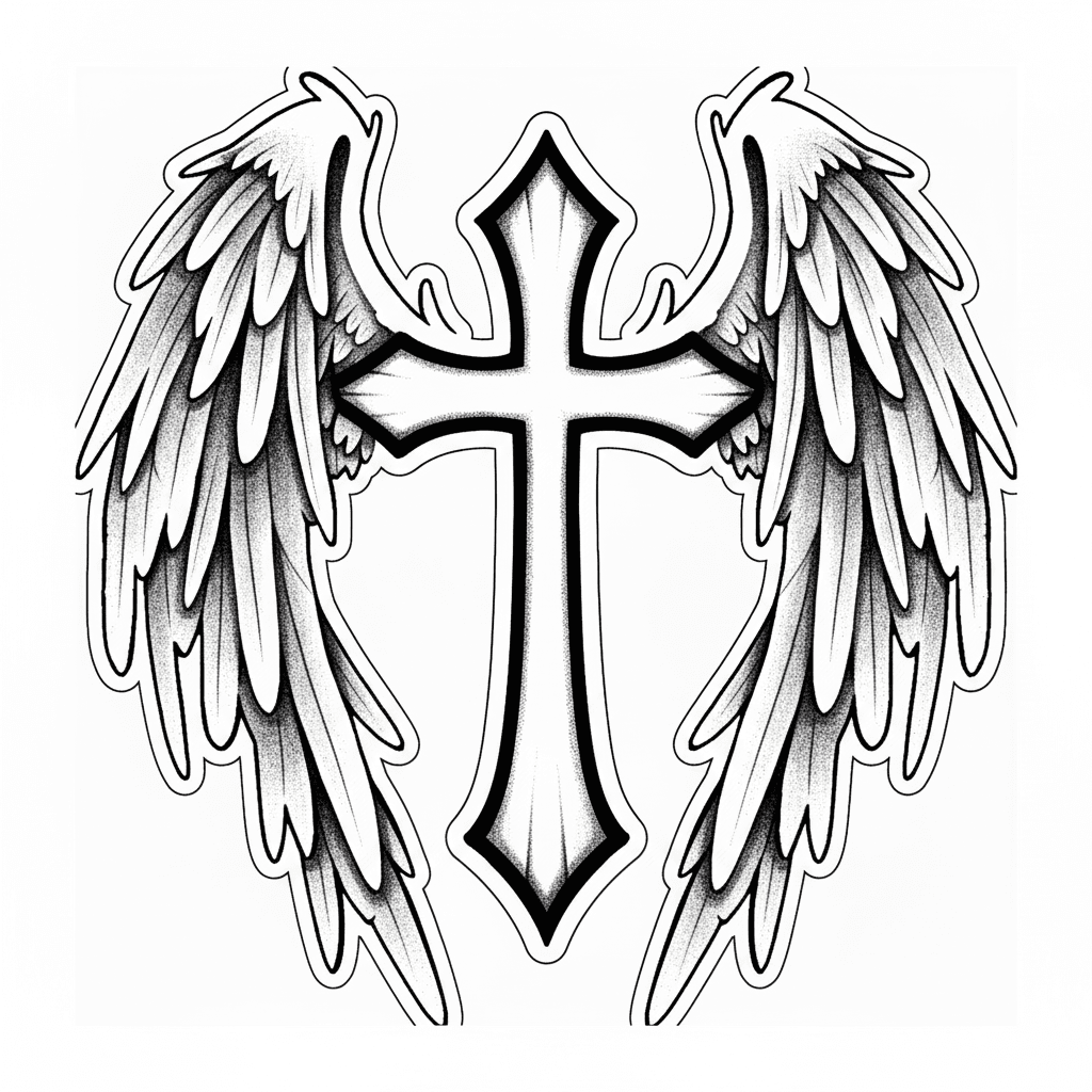 Tattoo design of a gothic cross flanked by symmetrical feathered angel wings with stippled shading.