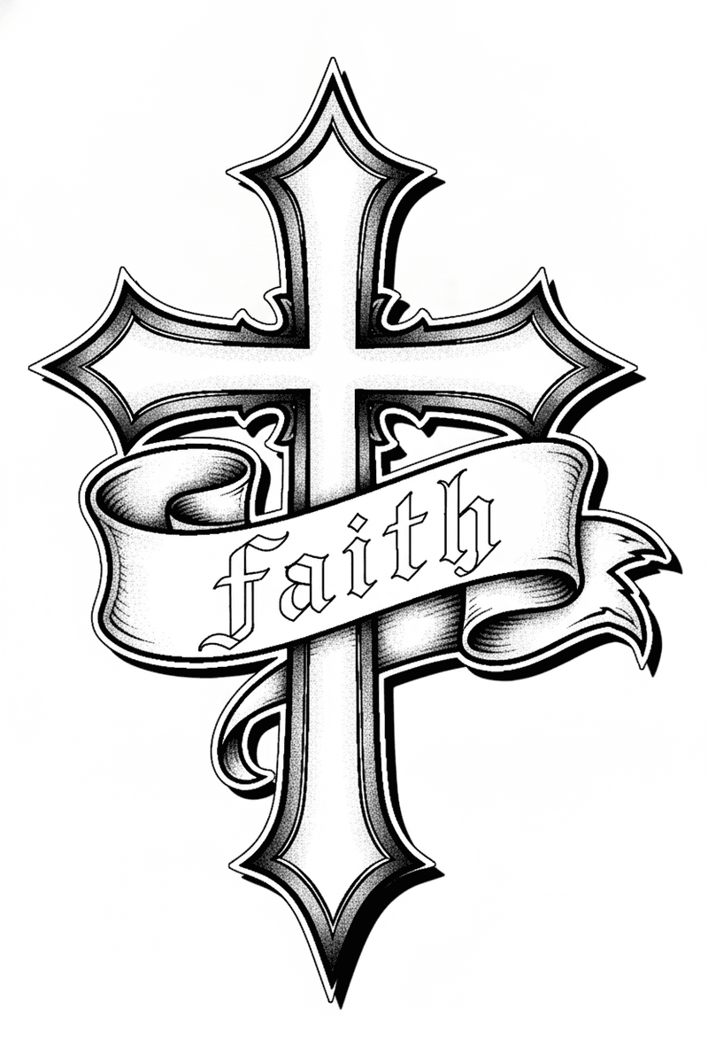 Tattoo design of an ornamental gothic cross wrapped in a ribbon banner with faith lettering.