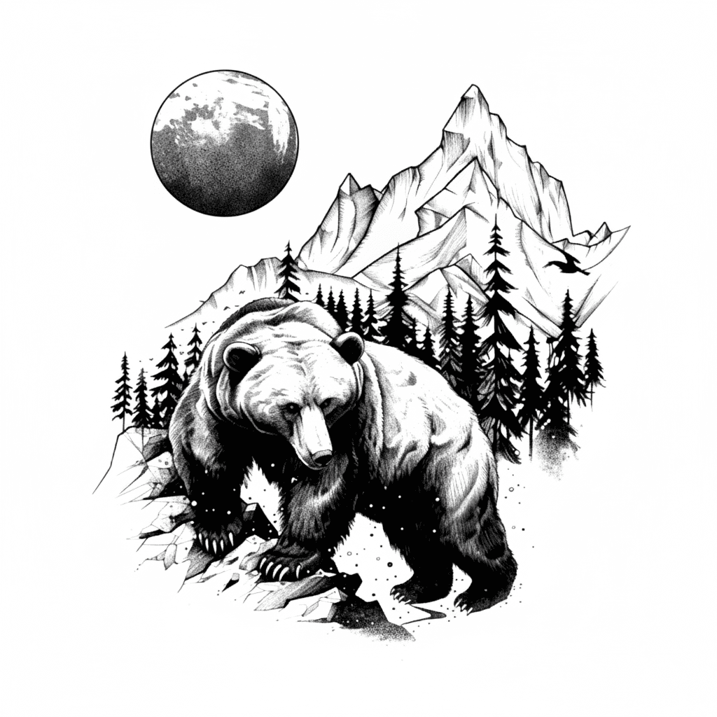 Tattoo design of a grizzly bear descending a rocky crag framed by pine trees, mountain peaks, and a textured moon.