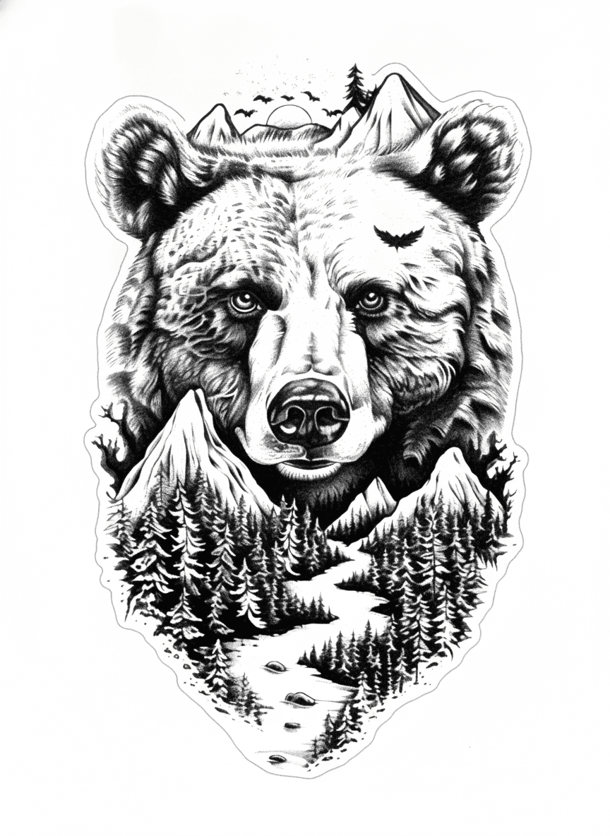 Tattoo design of a grizzly bear head merging into a mountain landscape with pine trees and a river.