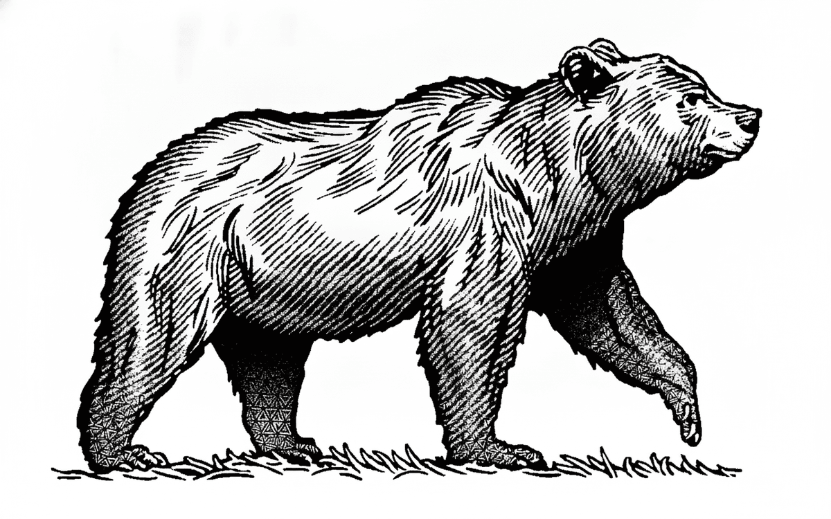 Tattoo design of a grizzly bear striding across grass, rendered in blackwork linework and subtle geometric details.