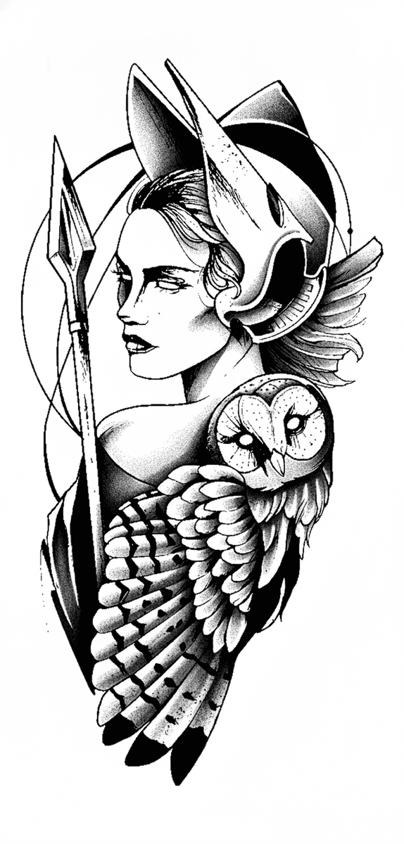 A tattoo design of a helmeted warrior woman holding a spear beside a perched barn owl with stippled shading.