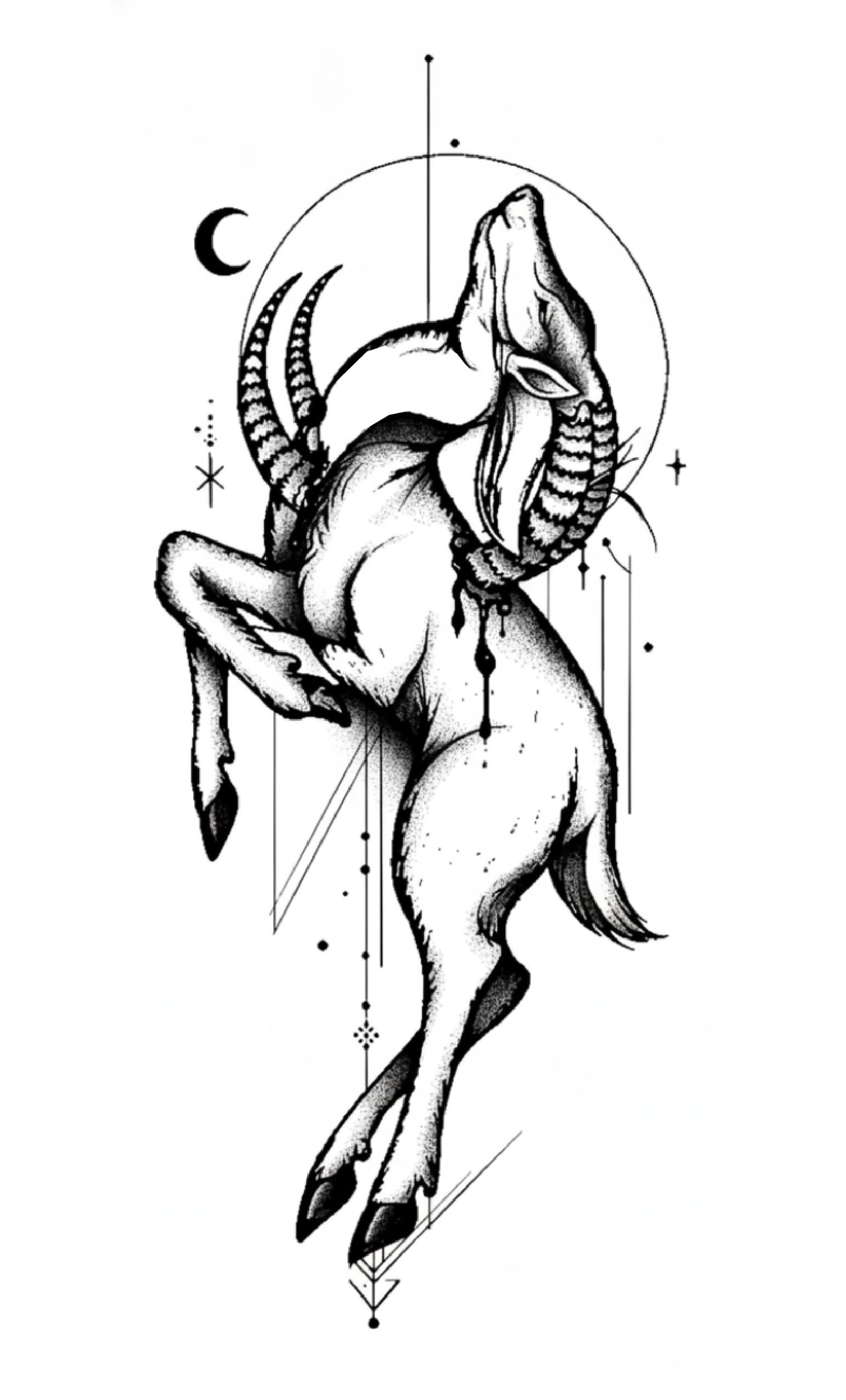 Tattoo design of an ibex leaping with head arched back, framed by a crescent moon and delicate geometric lines.