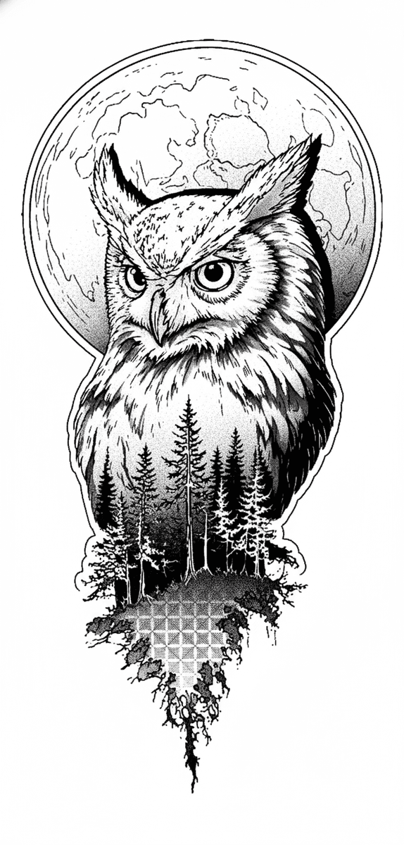 Tattoo design of a horned owl dissolving into a pine forest beneath a stippled full moon with geometric accents.