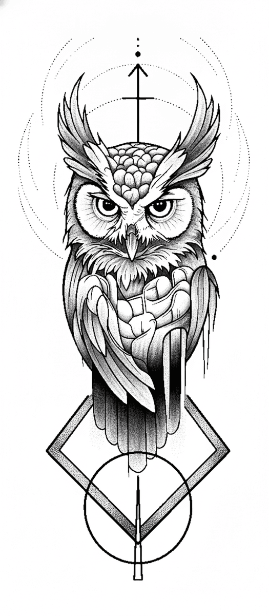 Tattoo design of a horned owl framed by geometric diamond shapes and an arrow with stipple dotwork shading.