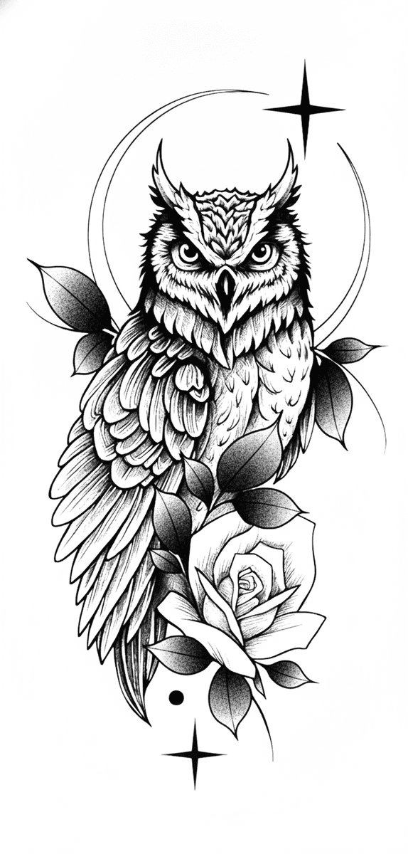 Tattoo design of a horned owl perched above a blooming rose framed by a crescent moon and stars.