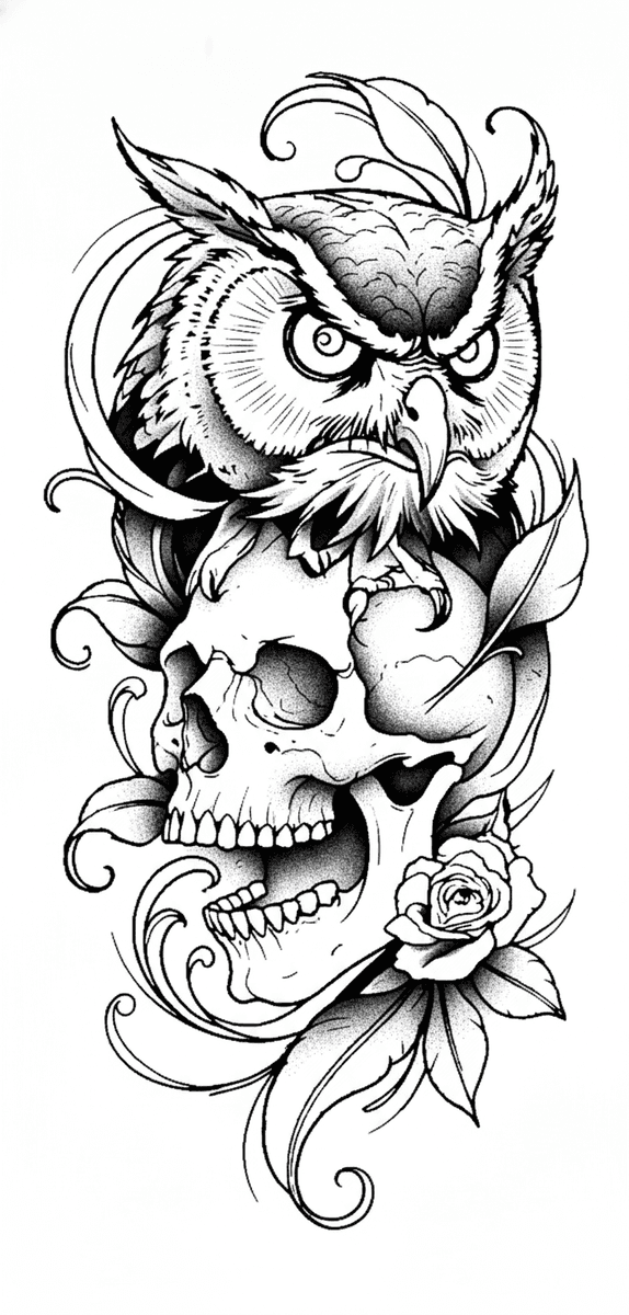 Tattoo design of an owl perched on an open-jawed human skull with a rose and stylized leaves in black ink.