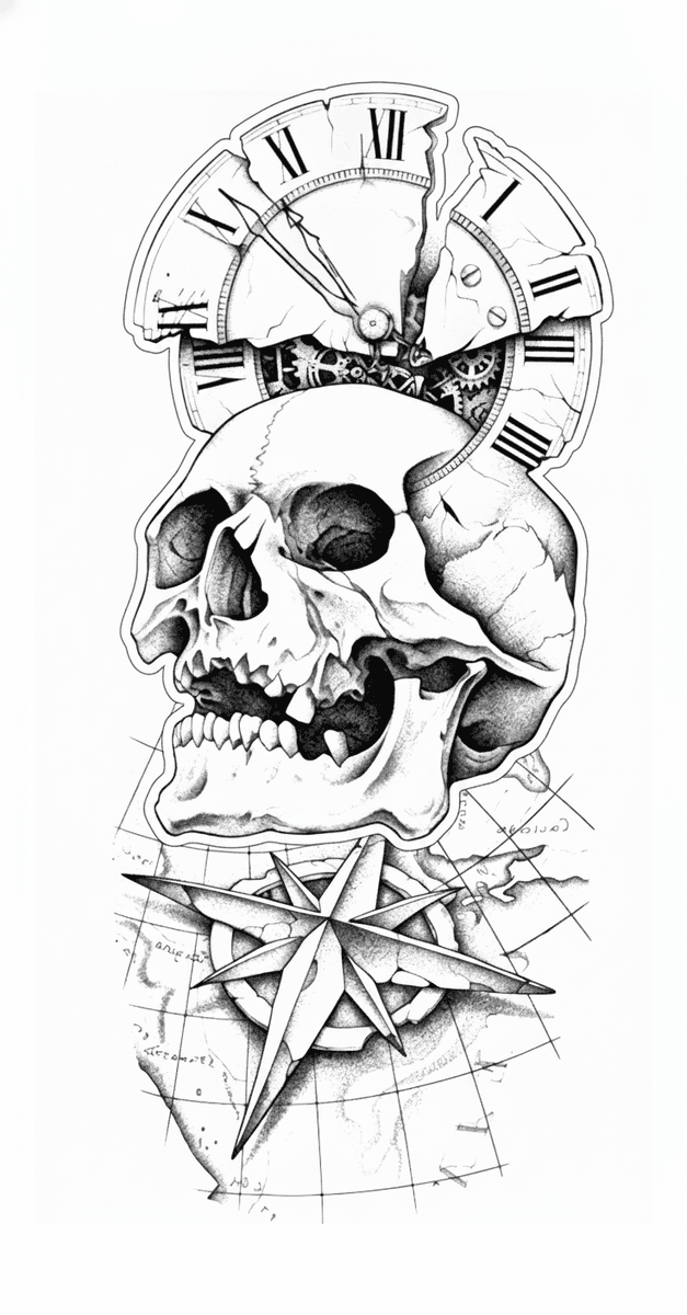 Tattoo design featuring a human skull framed by a broken clock with exposed gears, a compass rose, and a map background.