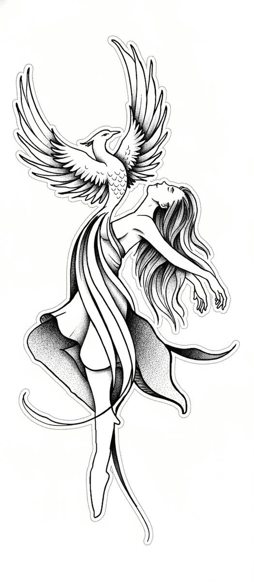 Illustrative blackwork tattoo design of an ascending phoenix merged with an arching female figure with stippled shading.