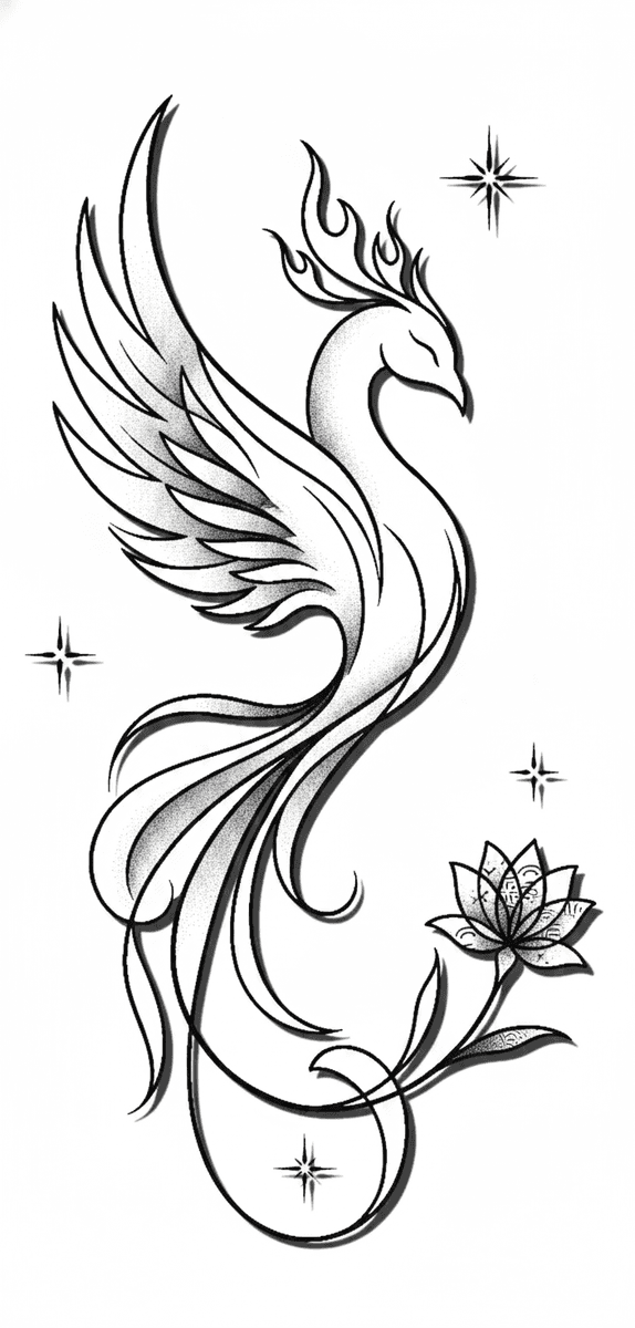 Illustrative ascending phoenix tattoo design featuring stippled shading, a blooming lotus flower, and celestial stars.