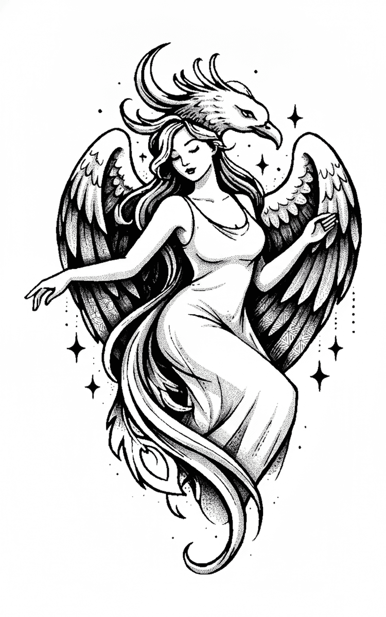 Illustrative blackwork tattoo design of a serene maiden enveloped by phoenix wings and surrounded by celestial sparkle stars.