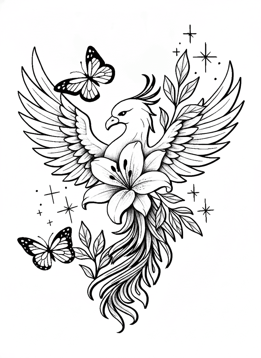 Illustrative tattoo design of a soaring phoenix adorned with a blooming lily flower, butterflies, and stippled starbursts.