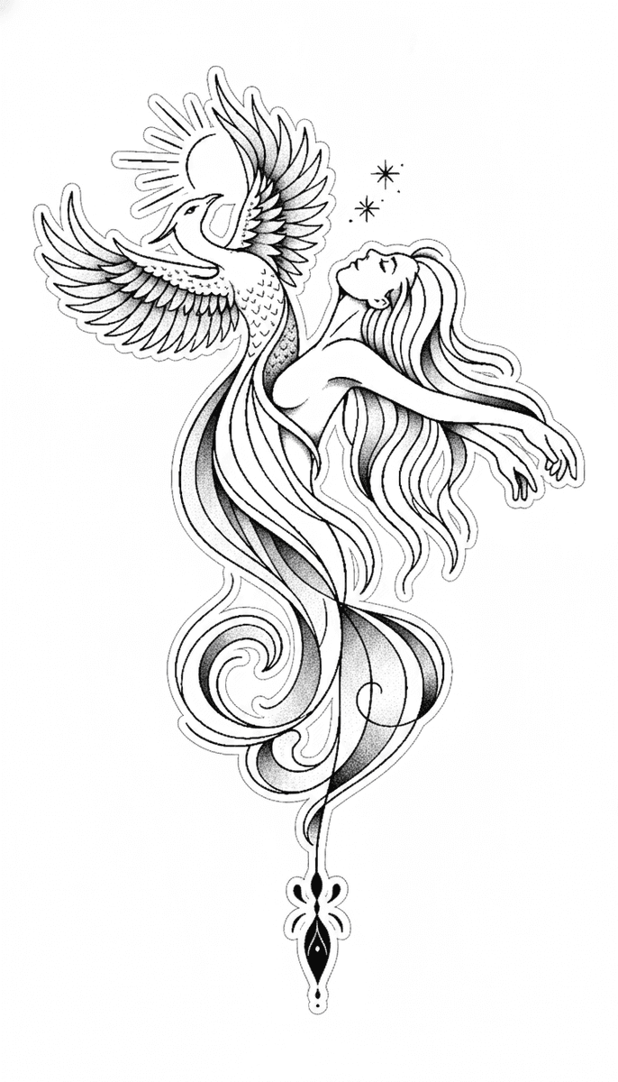 Illustrative blackwork tattoo design of an ascending woman merging with a stippled phoenix beneath a radiant sunburst.