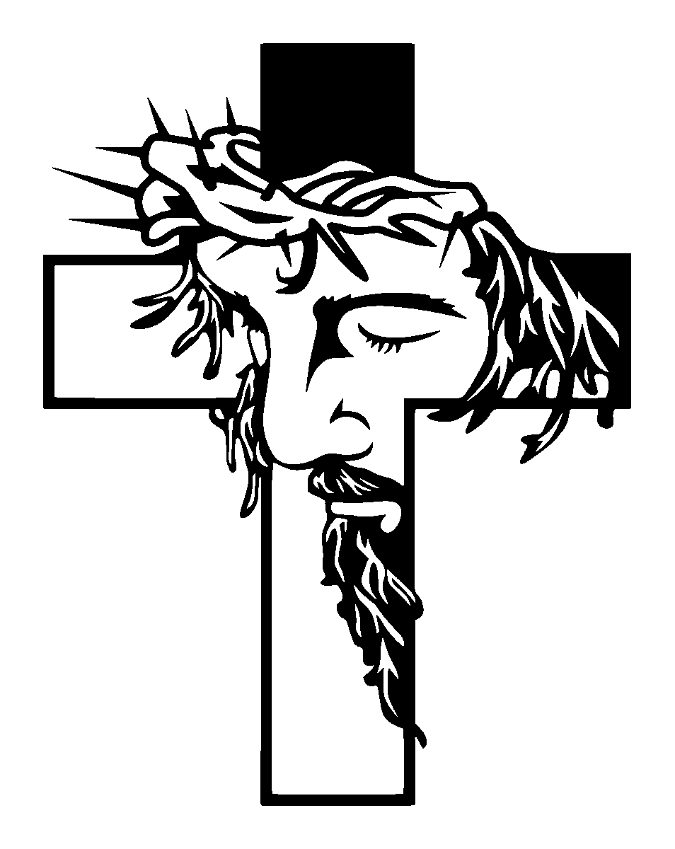 Tattoo design of Jesus crowned with thorns overlaid on a solid Latin cross in high-contrast black ink.
