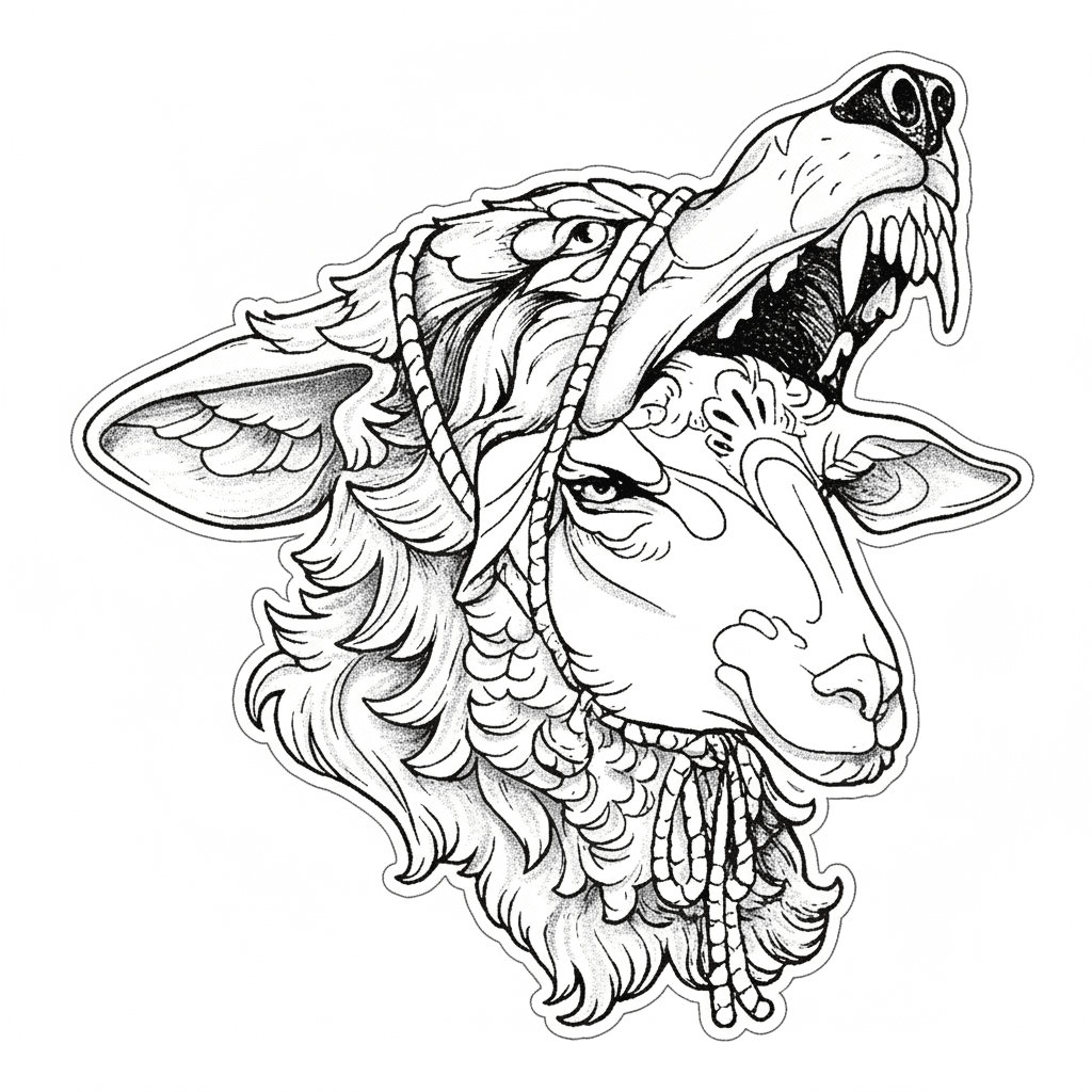 Tattoo design of a lamb wearing a snarling wolf pelt headdress tied with cord in detailed blackwork stipple.